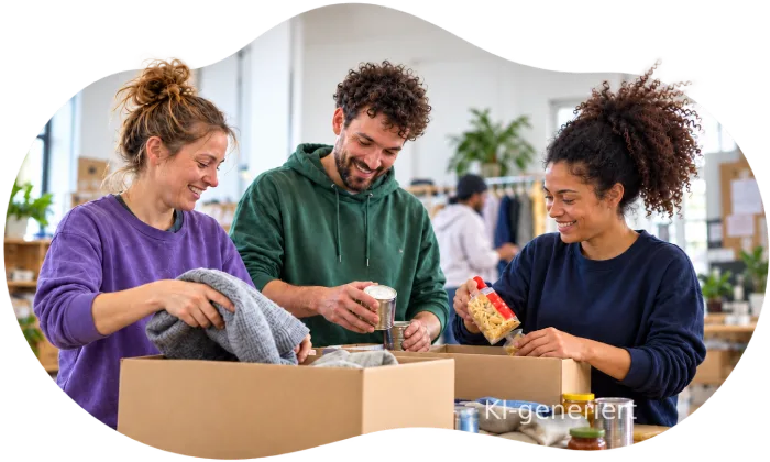 Stock-style image: three cheerful people pack donations into boxes, including clothes, tins and pasta.